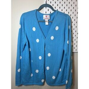 Quacker Factory Cardigan Sweater Set size L Blue w white spot Rhinestone coins